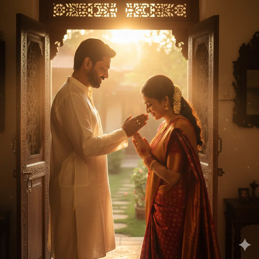 Father wearing a simple kurta, blessing his adult daughter in a traditional saree before she leaves home. Warm golden sunset light, gentle smiles, cinematic realism. Emotional storytelling, cultural heritage vibe, high detail.