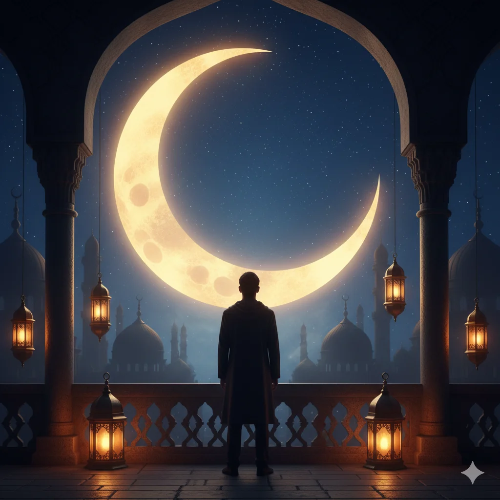 A cinematic silhouette of a person standing on a mosque balcony looking at a giant crescent moon. The sky is deep blue with twinkling stars. Lanterns are glowing warmly around them. The atmosphere is peaceful and spiritual. Islamic art style, realistic texture, magical evening.