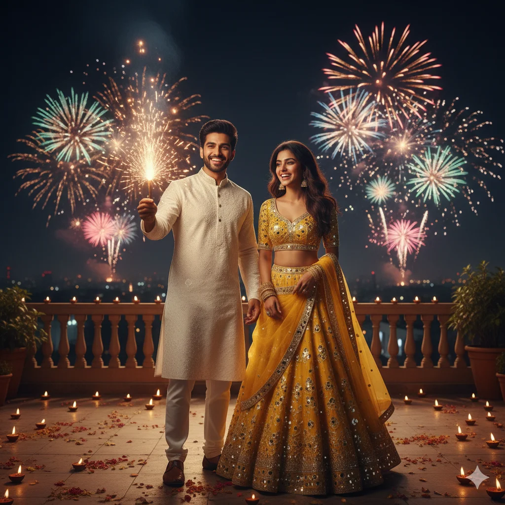 A hyper-realistic 4K cinematic portrait of a young couple on a terrace on Diwali night. The man, wearing a white kurta, holds a lit firecracker. The woman wears a bright yellow lehenga choli with mirror work. Background of night sky filled with fireworks and oil lamps. Golden sparks, festive glow, happy expressions, realistic lighting.