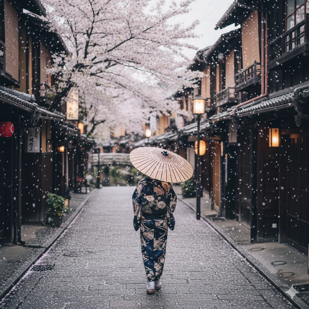 A street photography shot in Kyoto, Japan during cherry blossom season. Pink petals falling like snow. A person in a kimono walking away from the camera holding a paper umbrella. Traditional wooden buildings. Soft, romantic atmosphere.