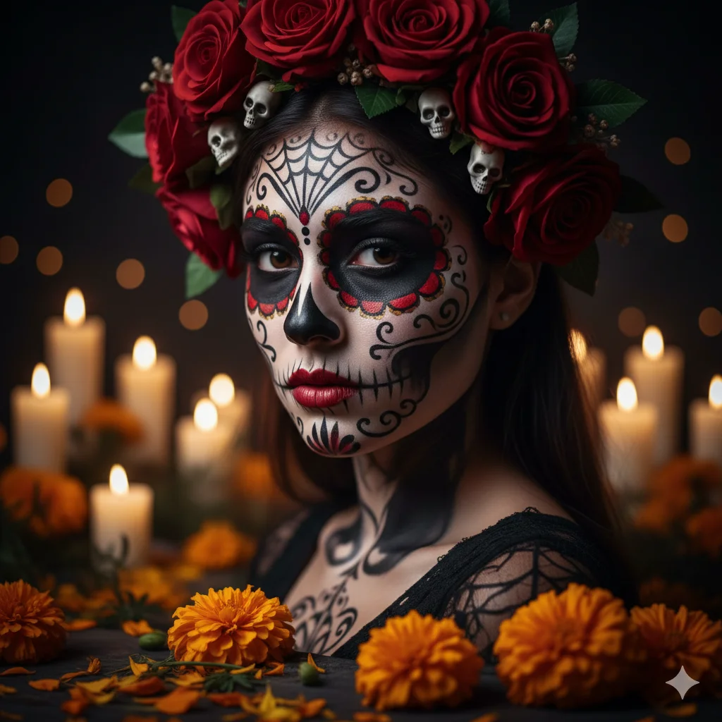 A hyper-realistic portrait of a girl with "Sugar Skull" face paint for Dia de los Muertos. She is wearing a crown of red roses. The background is dark with candlelight bokeh and marigold flowers. Gothic aesthetic, dramatic lighting, sharp focus on eyes.