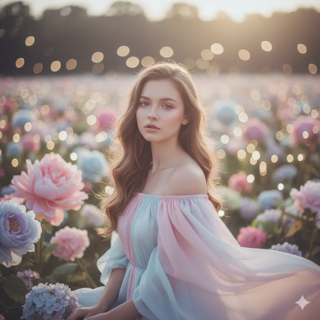 A dreamy aesthetic portrait of a girl with pastel tones, soft glowing skin, gentle lighting, whimsical background of blooming flowers. Cinematic bokeh, modern Pinterest-inspired look, natural face reserved, elegant and artistic Instagram photo style. Soft focus, ethereal vibe.