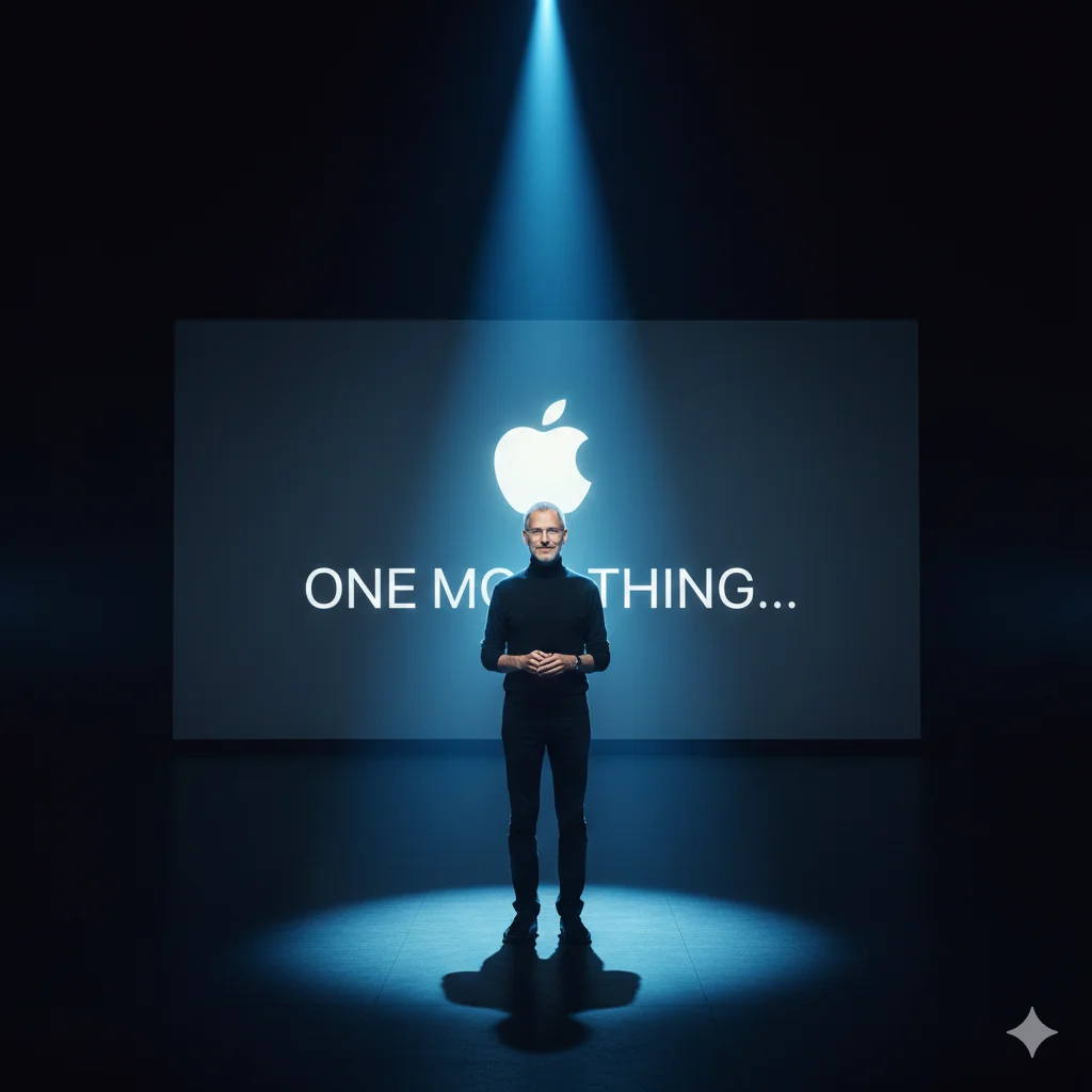 A modern portrait of a man in a black turtleneck and glasses, standing on a stage with a blue spotlight behind him. Resembles a tech product launch keynote. Intellectual look, confident posture. Minimalism, high contrast, Steve Jobs vibe.