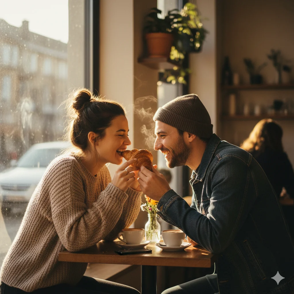 A candid, photorealistic shot of a couple sitting in a cozy cafe by the window. They are laughing and sharing a croissant. Sunlight streaming through the window, steam rising from coffee cups. Casual trendy outfits, natural skin textures, depth of field focusing on their expressions.