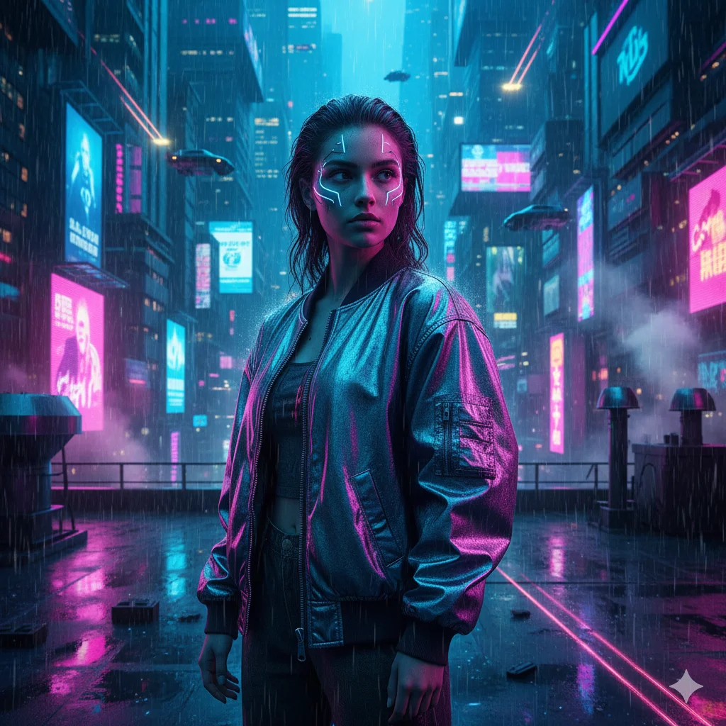 A futuristic portrait of a girl with neon makeup and a metallic jacket, standing on a rainy rooftop in a cyberpunk city. Neon signs reflecting in the rain, flying cars in the background. Blue and purple color palette, high contrast, sharp details, 8k resolution.