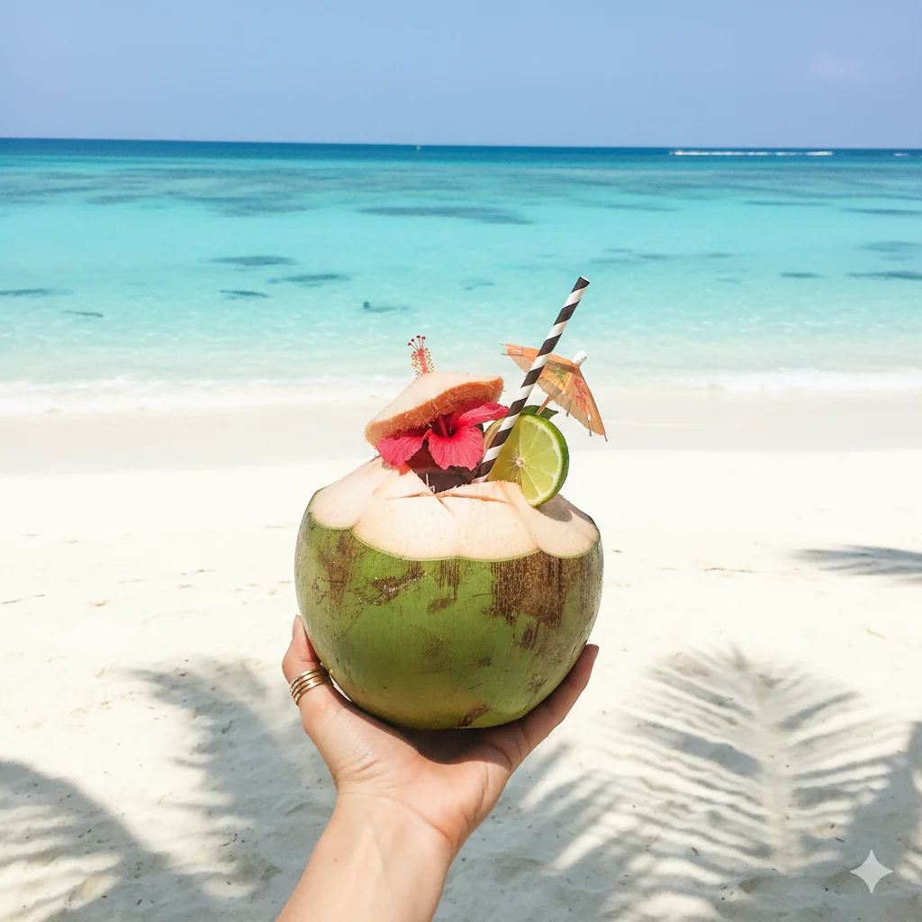 A POV shot of someone holding a coconut cocktail on a pristine white sand beach. Turquoise water in the background. Palm tree shadows. Bright, airy, high saturation. Travel influencer aesthetic.