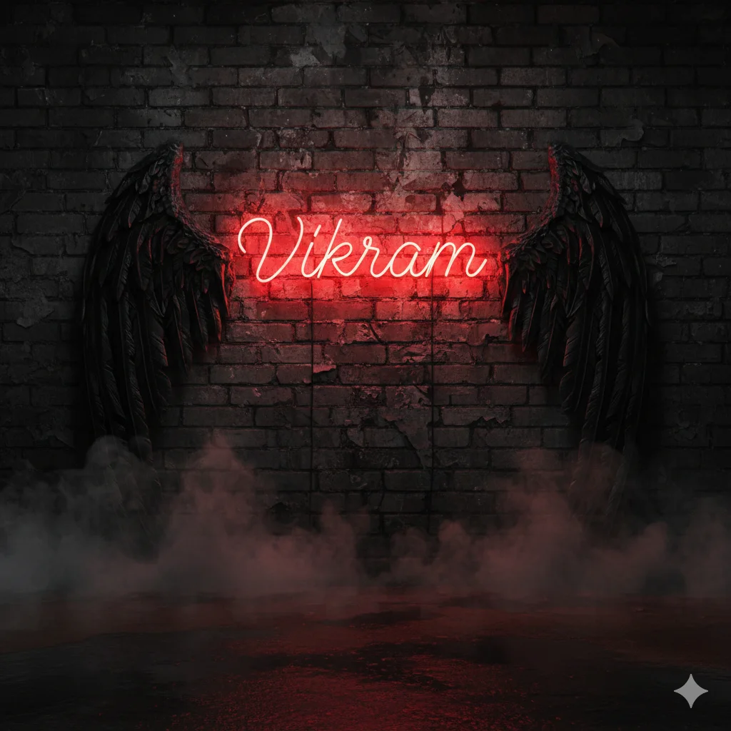 A dark grunge wall with the name "VIKRAM" written in bright red neon cursive text. Large, realistic black demon wings are attached to the wall on either side of the name. Smoke on the floor, dramatic red lighting. Viral Instagram trend style.
