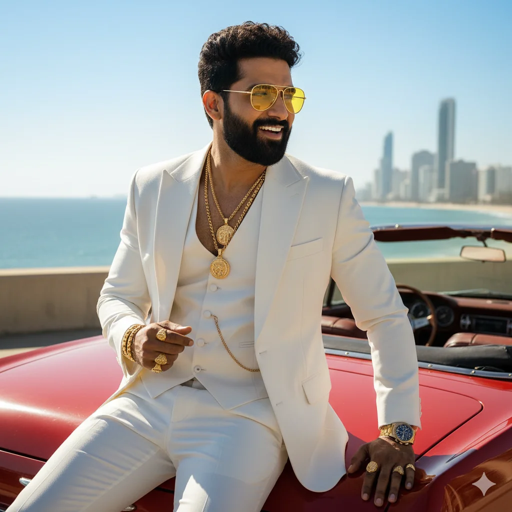 A photorealistic portrait of a dashing South Indian man with a beard and dark hair, wearing yellow-tinted sunglasses, a stylish white three-piece suit (with an open vest revealing necklaces), and multiple rings and bracelets. He is seated on the back of a red convertible car, smiling and looking to the side. The background features a bright blue sky, the ocean, and a cityscape, suggesting a luxurious coastal setting under clear, sunny weather. 8k resolution, cinematic lighting.
