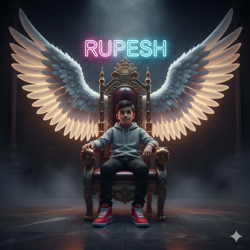 A 3D realistic image of a boy sitting casually on a King's throne chair. He is wearing a hoodie and sneakers. Behind him are large, majestic white angel wings that are glowing. On the wall behind, the name "RUPESH" is written in bright, neon glowing letters. The background is a dark, aesthetic room with smoky atmosphere. High quality, 4k render, social media trend style.