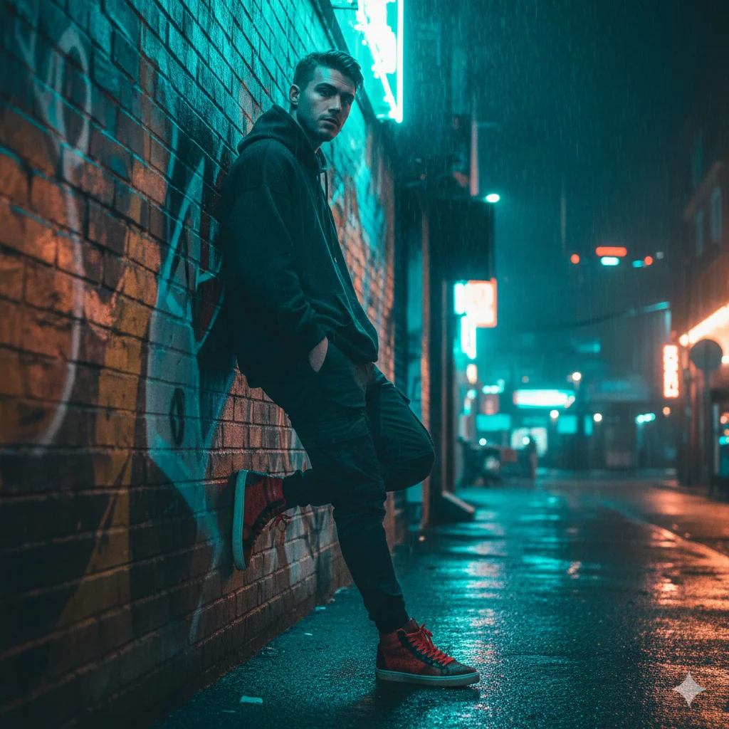 Create a trendy urban street portrait of a handsome boy wearing a black oversized hoodie, cargo pants, and high-top sneakers. He is leaning against a graffiti-covered wall under a neon street light at night. The atmosphere is moody with cyberpunk color grading (teal and orange). Wet pavement reflections, cinematic depth of field.