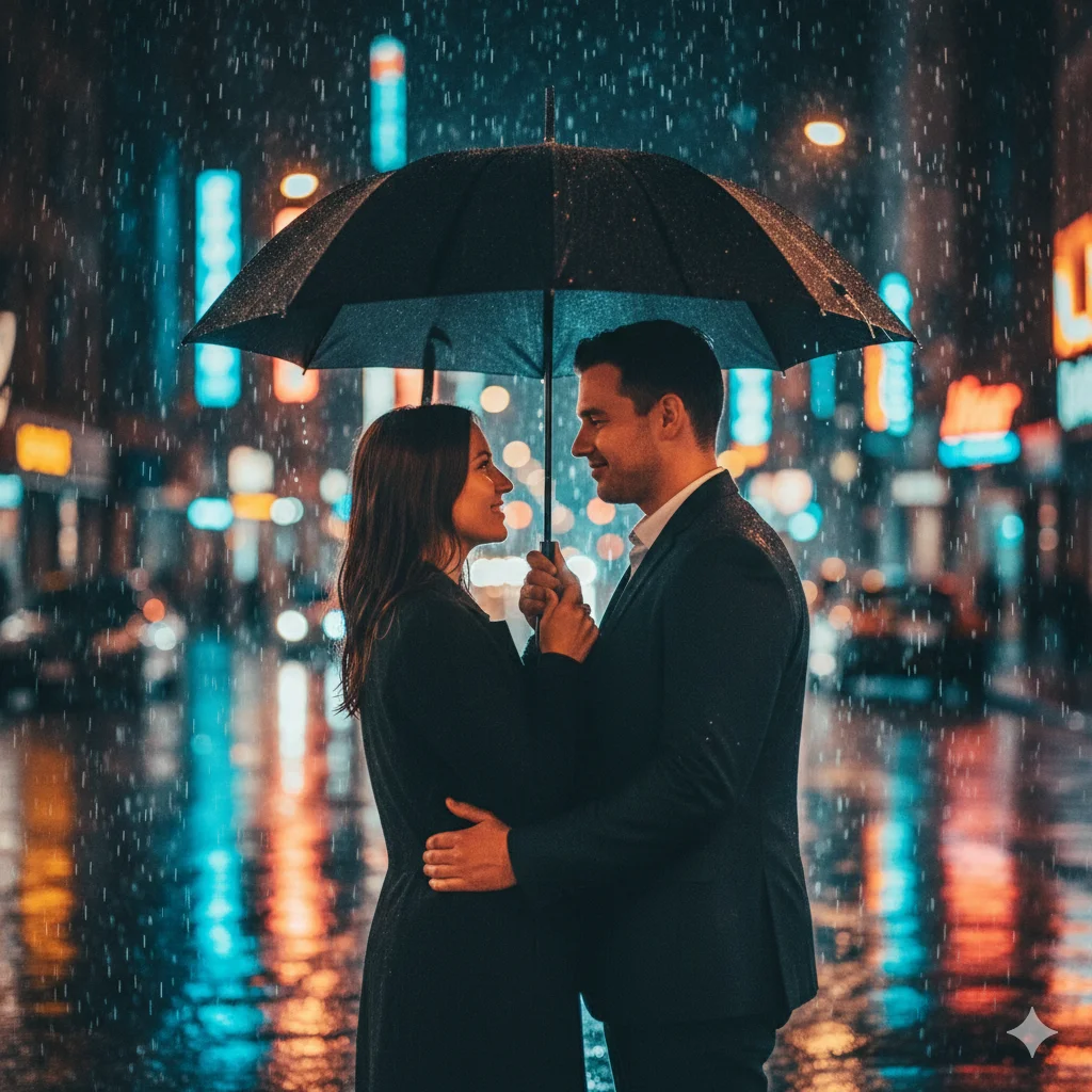 A cinematic night couple portrait. The couple is standing under a shared umbrella in gentle rain. Neon bokeh in the background (city lights), wet asphalt reflections. Soft key light from the left. 85mm portrait lens, teal-orange color grading, romantic atmosphere, film grain finish.
