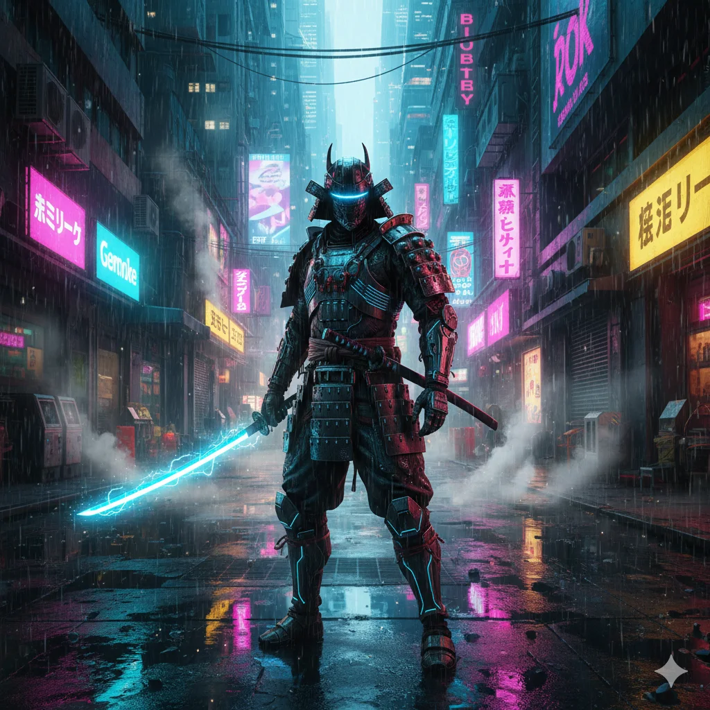 A full-body shot of a futuristic samurai standing in a neon-lit rain-drenched alleyway. They are holding a glowing katana. The armor is a mix of traditional Japanese plates and high-tech circuitry. Reflection in puddles, steam rising from vents. Cyberpunk 2077 style.