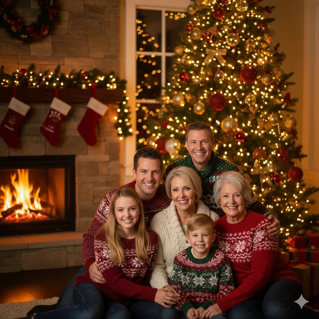 A realistic Christmas family portrait. Everyone gathered around a decorated Christmas tree, wearing cozy sweaters. Warm fireplace glow, fairy lights in background, cinematic holiday style. Joyful expressions, sharp focus, 8k resolution.
