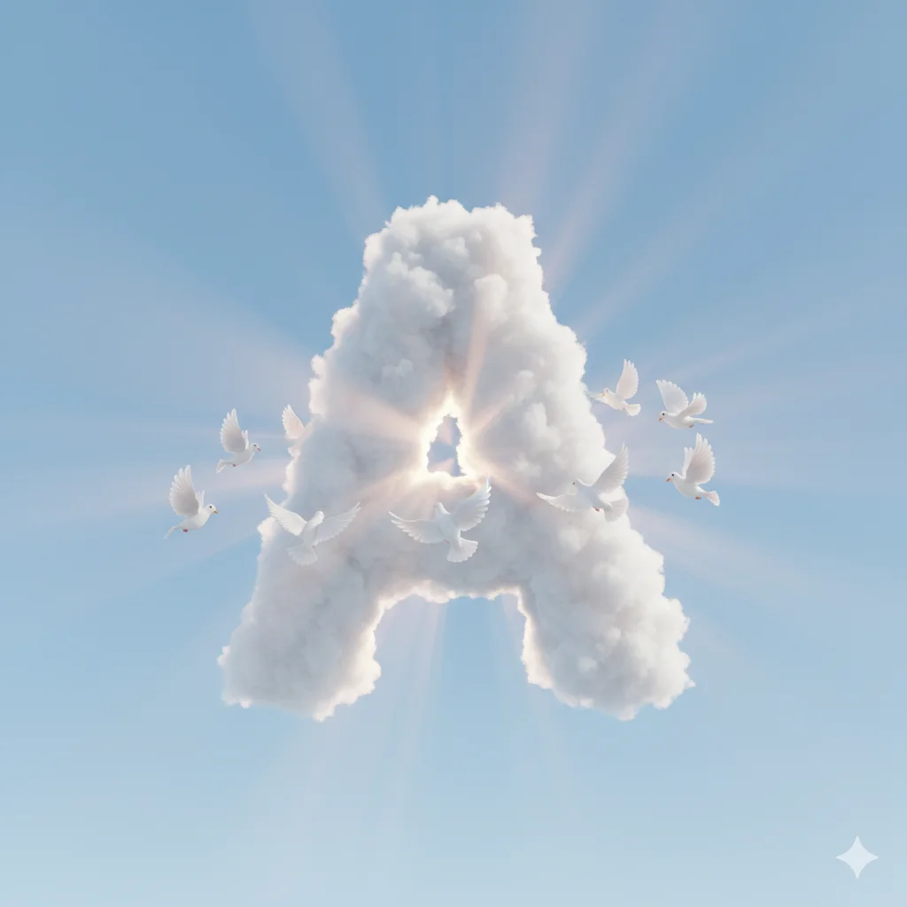 A 3D render of the letter "A" made entirely of white fluffy clouds, floating in a pastel blue sky. Sun rays beaming through it. Cute doves flying around. High quality, soft lighting, 3D typography art.