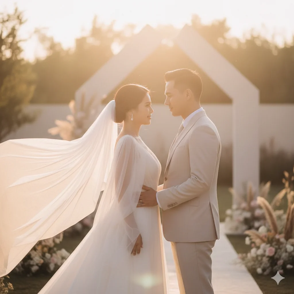 Elegant pre-wedding portrait of a couple. Sunset backlight with a flowing veil, gentle breeze, minimalistic garden venue. 70mm half-body shot, pastel color grading, cinematic romantic style, reminiscent of a high-end fashion magazine cover. Soft, golden hour lighting.