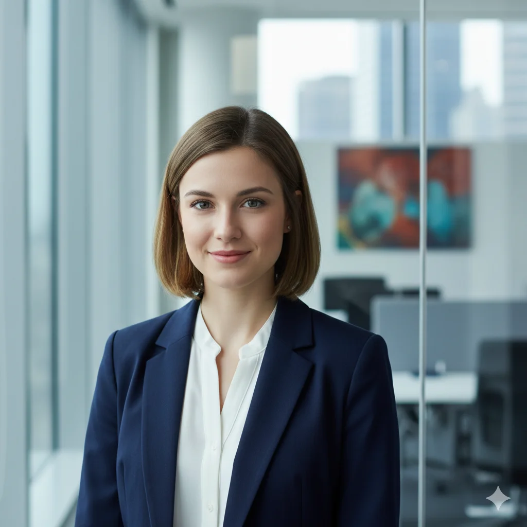 A professional headshot of a confident young woman wearing a navy blue blazer and white blouse. She is standing in a modern glass office building. Soft natural light coming from the side. Blurred office background. Slight smile, approachable yet authoritative. 85mm lens style.