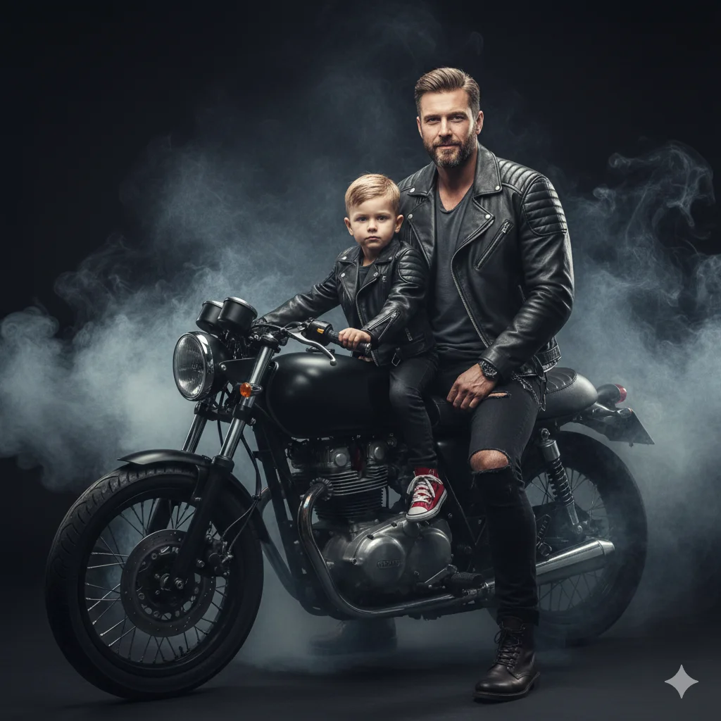 Cinematic, ultra-realistic portrait of a father and son duo. The father wears a leather jacket and jeans. The 5-year-old son wears a matching outfit and cool sneakers. They are sitting on a motorcycle. Studio lighting, smoke effect, dark background. High-end magazine shoot style, confident poses.