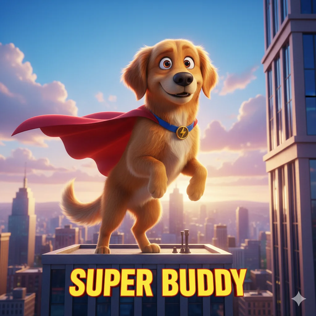 A cute 3D Pixar-style animation poster of a Golden Retriever dog wearing superhero cape. The dog is striking a heroic pose on top of a building. Big expressive eyes. Title text "SUPER BUDDY" at the bottom. Vibrant colors, catchy, movie poster aesthetic.