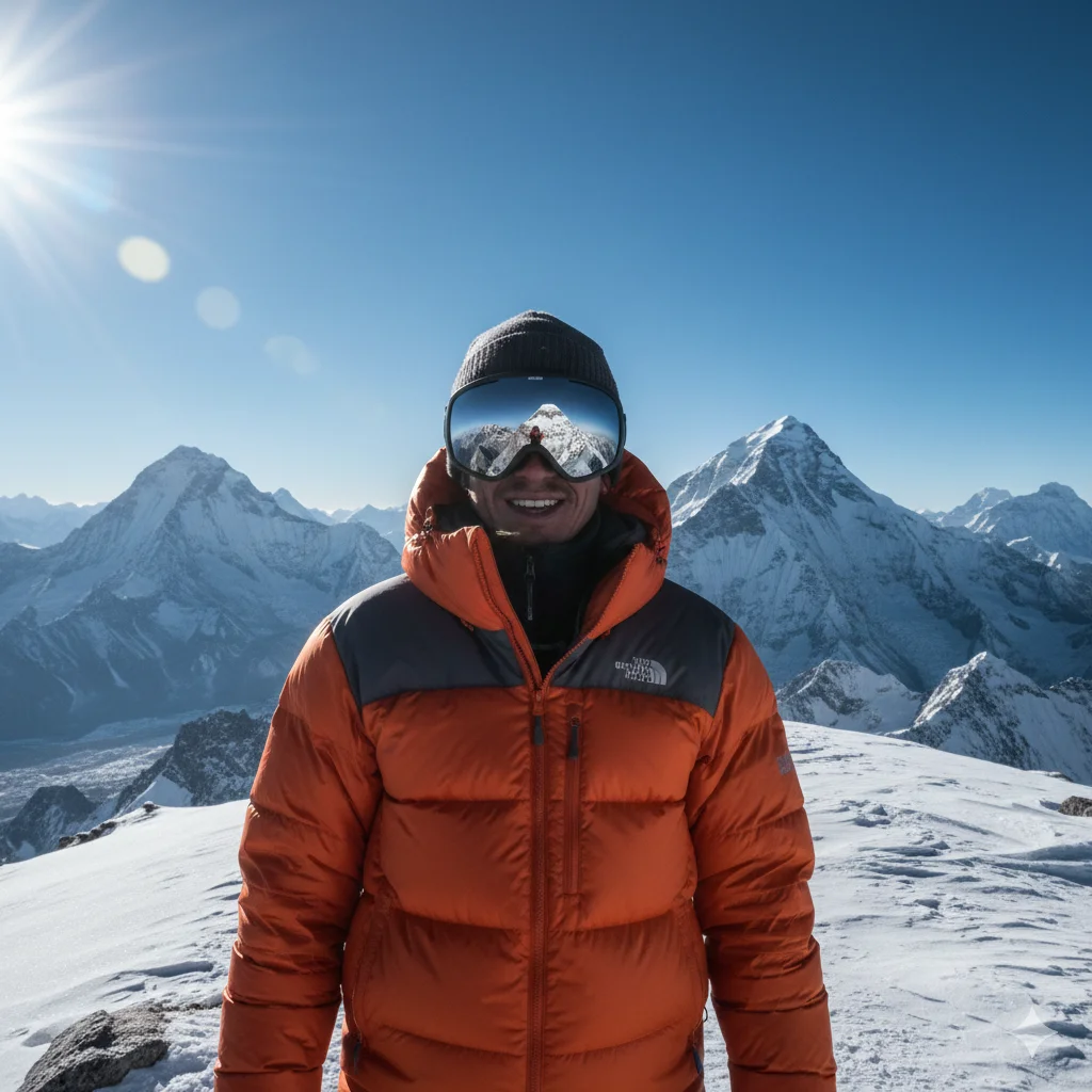 A rugged portrait of a hiker standing on a snowy mountain peak. Wearing a bright orange down jacket and snow goggles. The reflection in the goggles shows Everest. Blue sky, bright sunlight, lens flare. National Geographic style photography.