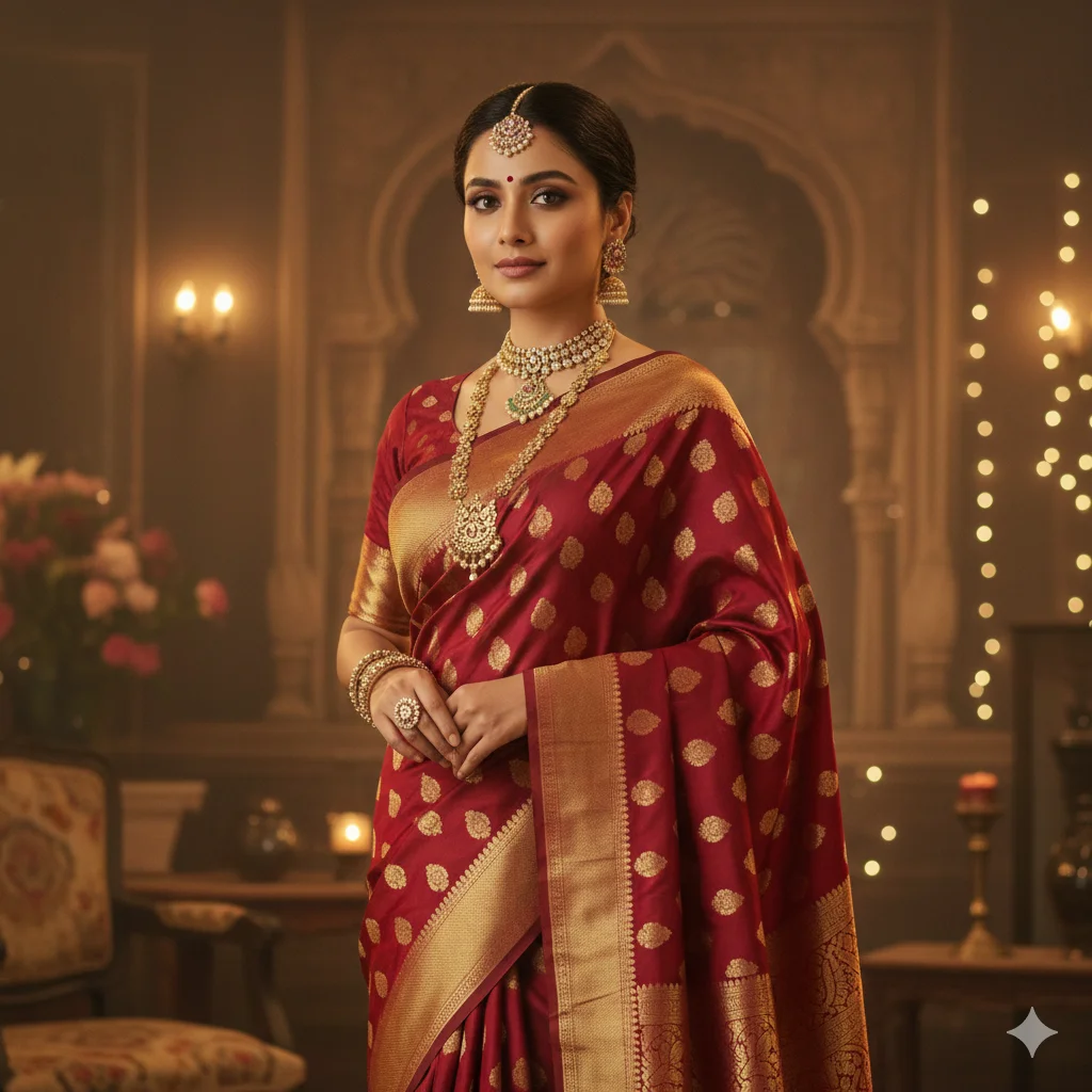 A beautiful girl wearing a flowing silk saree, traditional Indian jewelry, and soft makeup, standing in a vintage Bollywood studio setting. Cinematic lighting, vibrant fabric details, realistic textures, elegant posture. Keep facial features natural and high definition. Portrait photography, 9:16 aspect ratio, Instagram aesthetic.