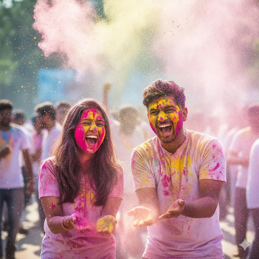 A high-energy action shot of a young man and woman celebrating Holi. Their faces are covered in bright pink and yellow powder (gulal). They are laughing and throwing colors in the air. Blurred background of a crowd celebrating. Sunlight shining through the color dust, creating a magical haze. 4k, vibrant colors, Indian festival.