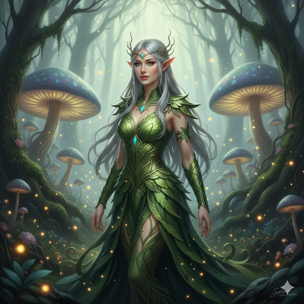 An ethereal portrait of an elf queen with long silver hair and pointed ears. She is wearing a dress made of living leaves and vines. Fireflies are floating around her. Background is a mystical ancient forest with giant glowing mushrooms. Magical fantasy art style, soft focus.