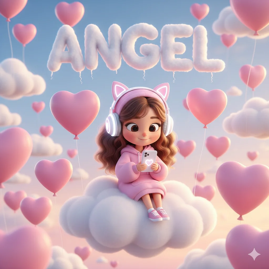 A cute 3D animated style girl sitting on a cloud, wearing a pink oversized hoodie and cute headphones. She is holding an iPhone. The background is a soft pastel sky with floating hearts. The text "ANGEL" is written in the clouds in 3D balloon font. Pixar style, high detail, rendering.