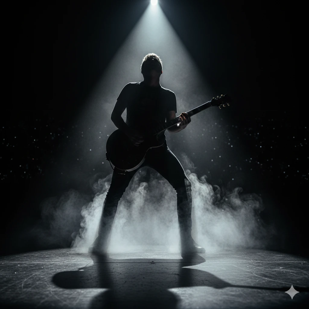 A young man playing an electric guitar on a dark stage with a single spotlight. Smoke effects, silhouette, emotional expression. Rock star vibe.