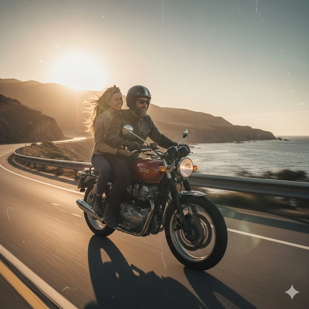 Action shot of a couple on a Royal Enfield motorcycle riding down a scenic highway at sunset. The girl is holding the guy from behind, hair flying. Motion blur, cinematic travel log style.