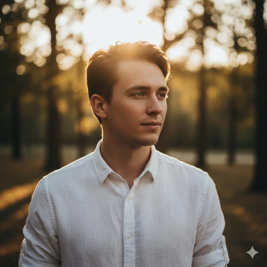 Golden-hour outdoor portrait of a young man with warm sunlight hitting his face side-on. Natural skin tones, subtle shadows, soft depth of field, wearing a white linen shirt.