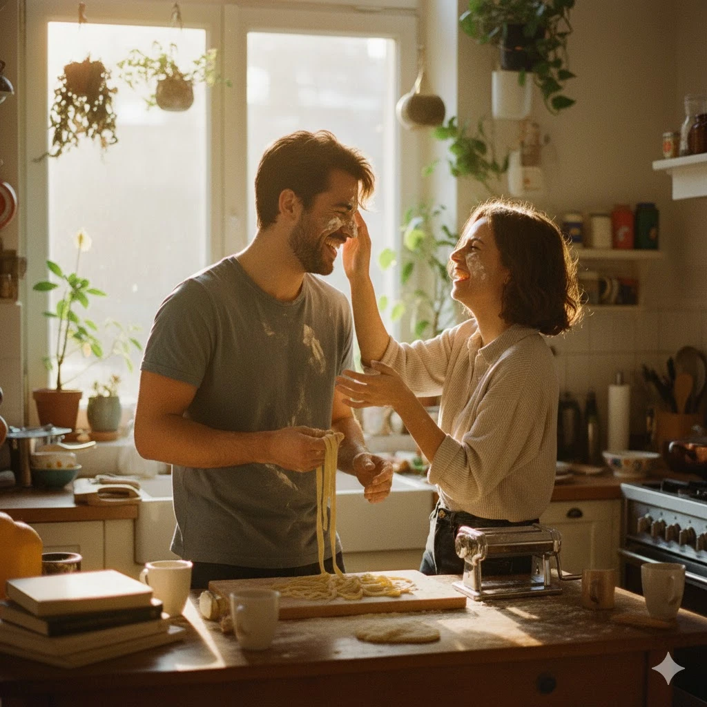 A candid shot of a couple cooking pasta in a messy but cute kitchen. Flour on their faces, laughing. Bright morning light, homely vibe, lifestyle photography.