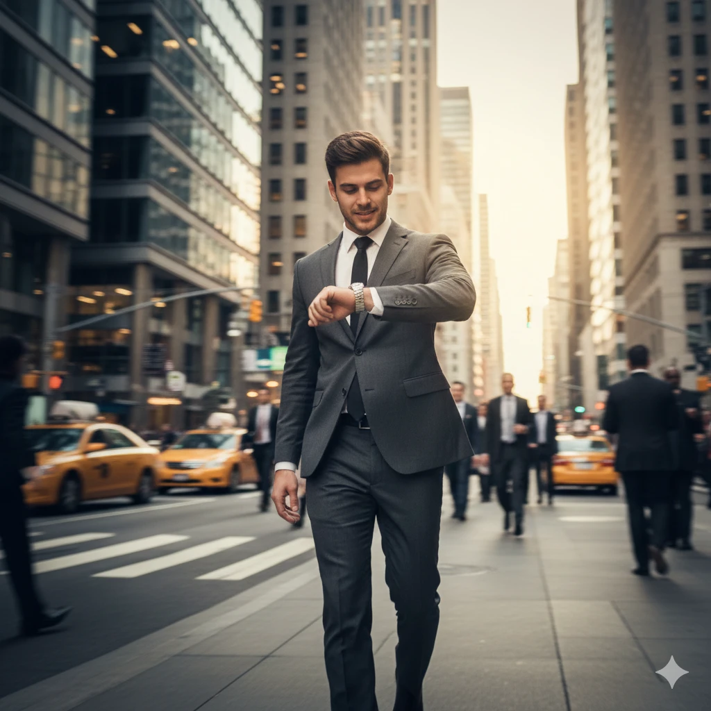 A young man in a suit checking his watch while walking through a busy financial district. blurred crowd, skyscraper reflections. Success and hustle vibe.