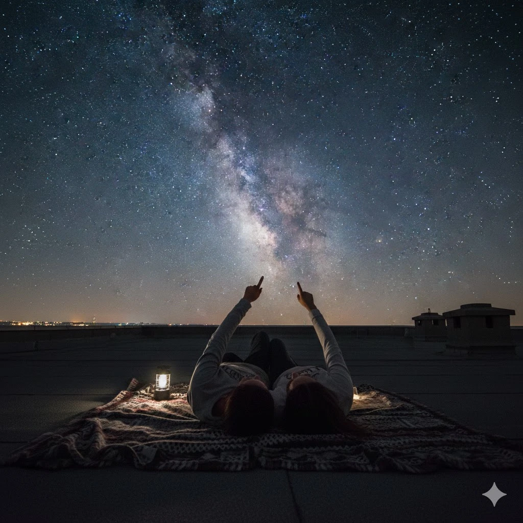 A couple lying on a rooftop blanket pointing at the stars. The Milky Way is visible above. Low light photography, long exposure aesthetics, magical and serene.