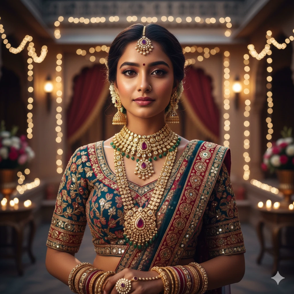 Royal traditional 4K HD ethnic portrait of a girl, with rich colors, intricate heavy jewelry, glowing skin tones, festive lighting, and cinematic depth. Professional photography quality.