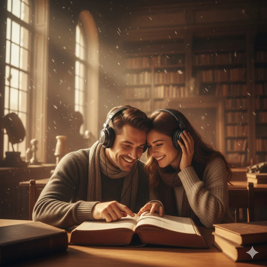 A sweet couple sitting in an old library, sharing headphones and reading a book together. Soft light filtering through dust motes. Academia aesthetic, warm tones, detailed textures.