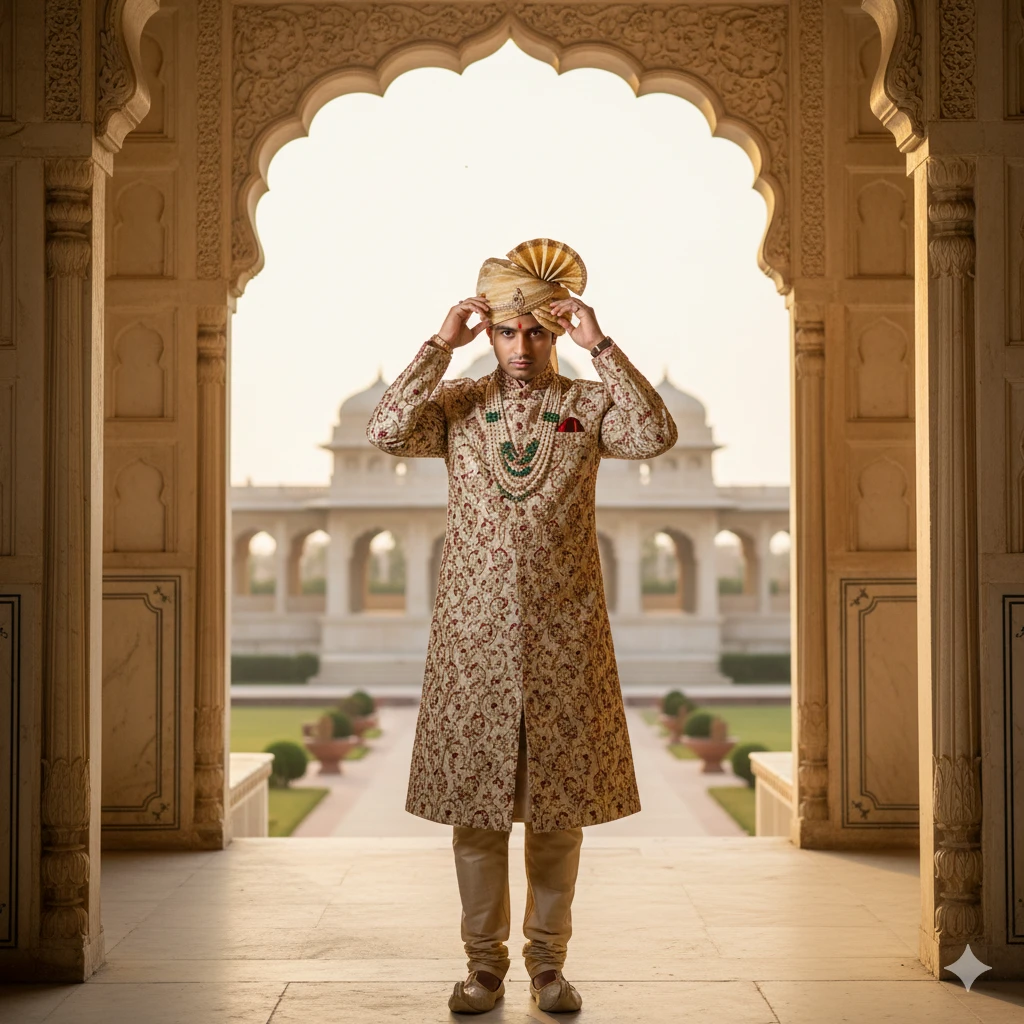 A regal portrait of a young Indian groom adjusting his turban (pagdi). Wearing an embroidered sherwani. Background of a palace archway. Golden lighting, high luxury.