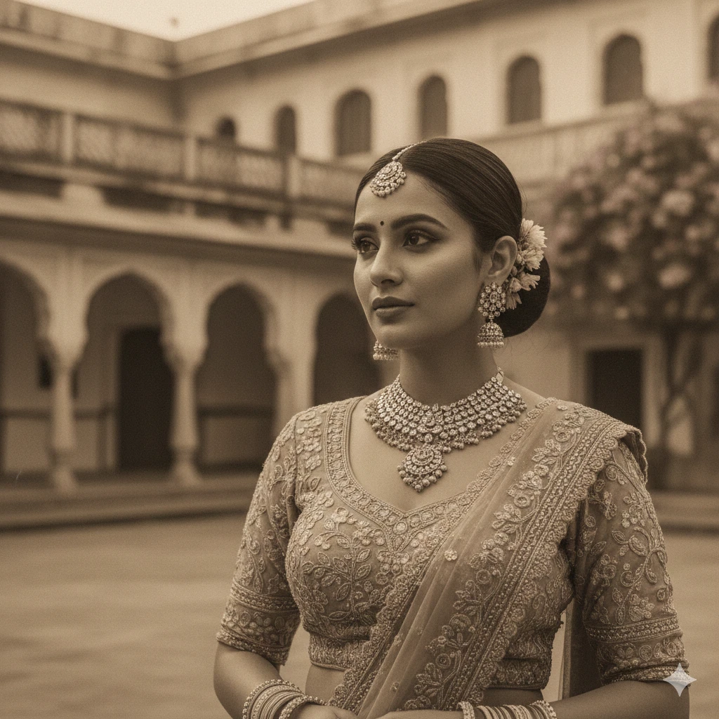 Vintage-style ethnic 4K HD portrait of a girl, with sepia tones, soft grain, and a nostalgic, dreamy atmosphere. Emphasize classic beauty and intricate details.