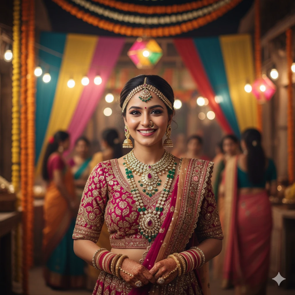 Create a stunning 4K HD festive ethnic portrait of a girl, adorned in traditional jewelry and clothing, with vibrant cultural elements in the background. Soft focus and festive color grading.