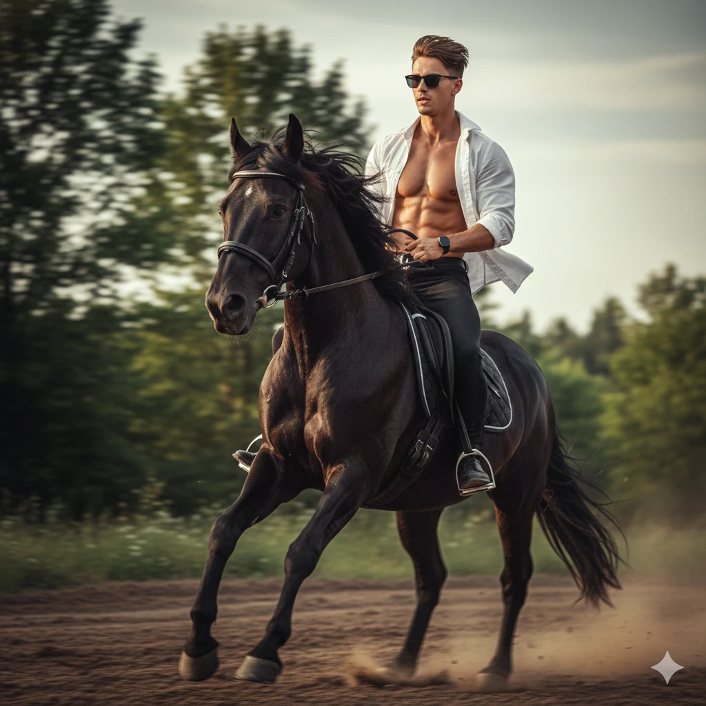 Ultra-realistic photo of a young man on a powerful black horse, captured from a low frontside angle. The man wears an open white shirt and sunglasses. Motion blurred background, cinematic speed.