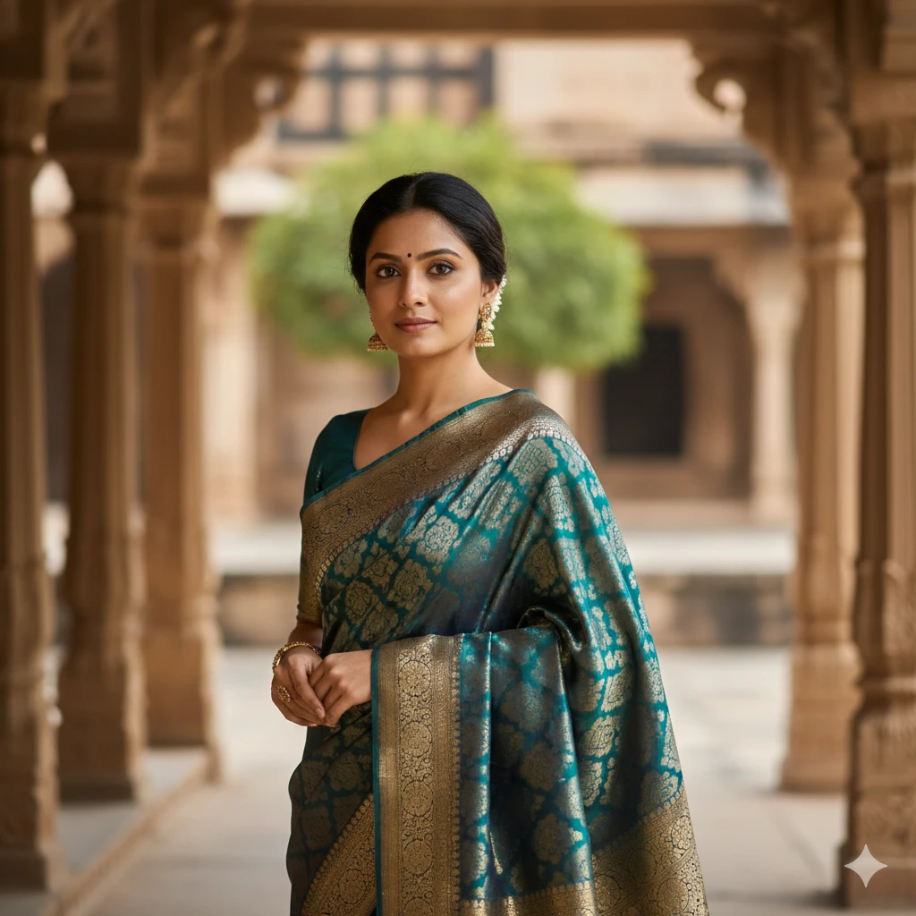 4K HD traditional saree portrait of a young woman, with elegant draping, a calm expression, natural skin texture, and soft, diffused natural daylight. Shallow depth of field.