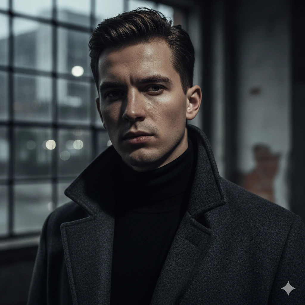 Create a moody editorial portrait of a young man with cinematic shadows, high contrast, muted color grading, realistic skin texture, and stylish urban clothing (turtleneck and coat).