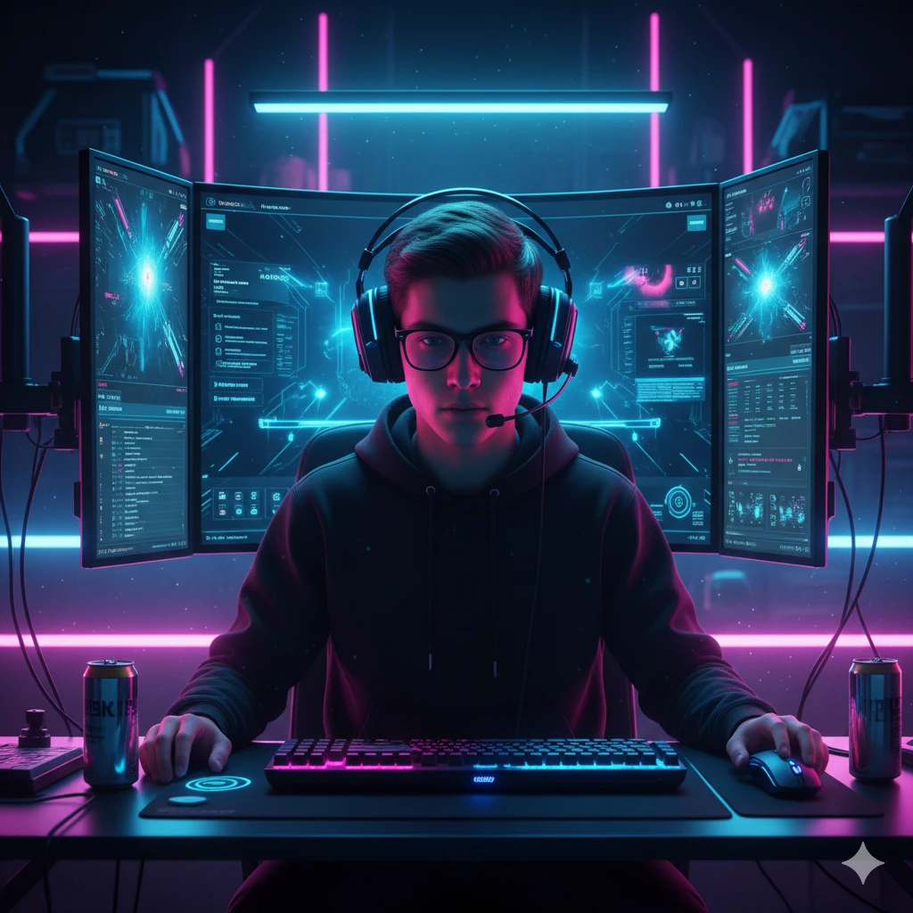 A gamer boy sitting in a high-tech room with multiple monitors. RGB lighting reflecting on his glasses. Wearing a headset. Intense focus. Cyberpunk color palette (blue and pink).