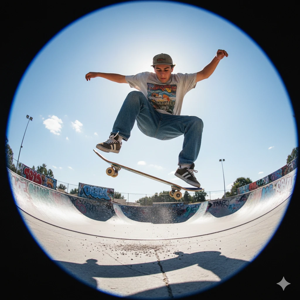 A 90s style fisheye lens shot of a boy doing a skateboard trick in a concrete skatepark. Graffiti in background, sunny day, dynamic angle.