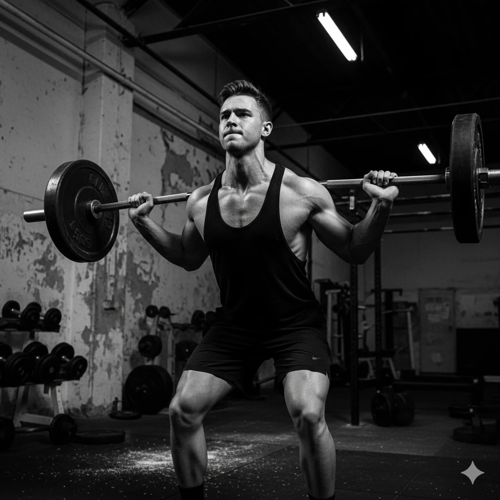 A high-contrast black and white photo of a fit young man lifting weights in a gritty gym. Sweat on skin, focused expression, dramatic overhead lighting. Gymshark aesthetic.