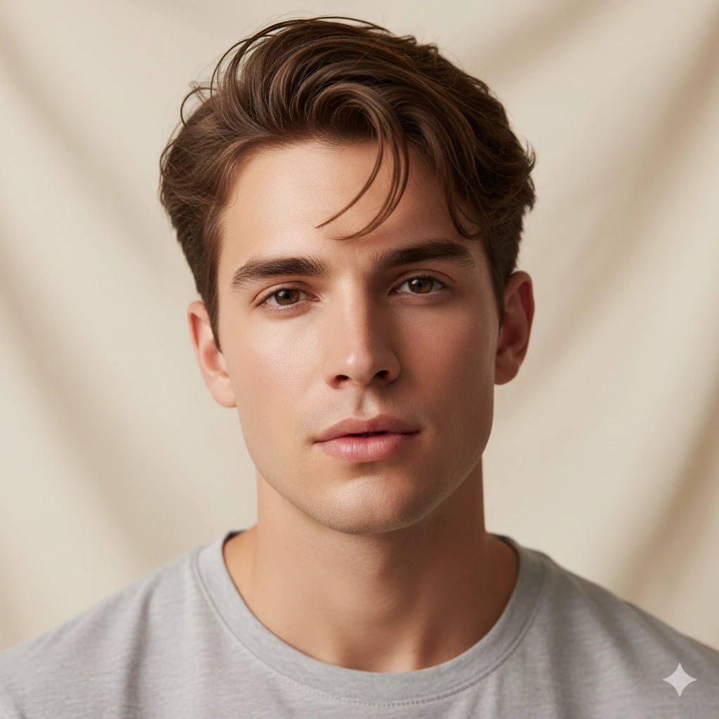 Create a soft glam 4K portrait of a young man with natural radiant skin, glowing highlights, subtle shadowing, a casual messy hairstyle, soft depth of field, and studio lighting.