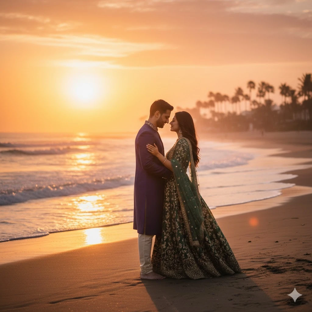 Create a 16:9 portrait of a couple standing barefoot on an Indian beach at sunset, embracing each other with the sun dipping below the horizon, casting a warm, romantic glow. Ultra-realistic, cinematic quality.