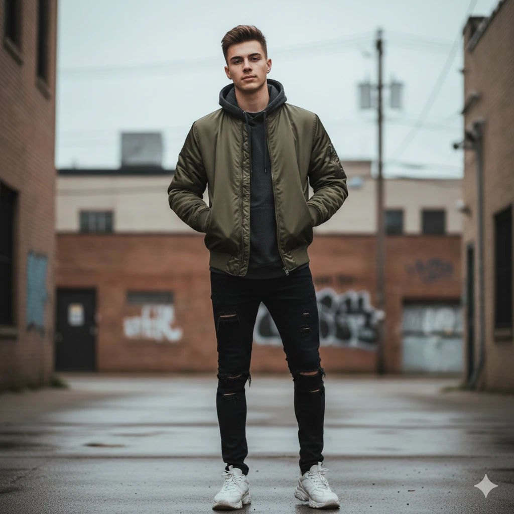 Generate a 4K HD street-style portrait of a boy with an urban background, muted tones, natural skin texture, casual outfit (bomber jacket), soft shadows, and a modern aesthetic.