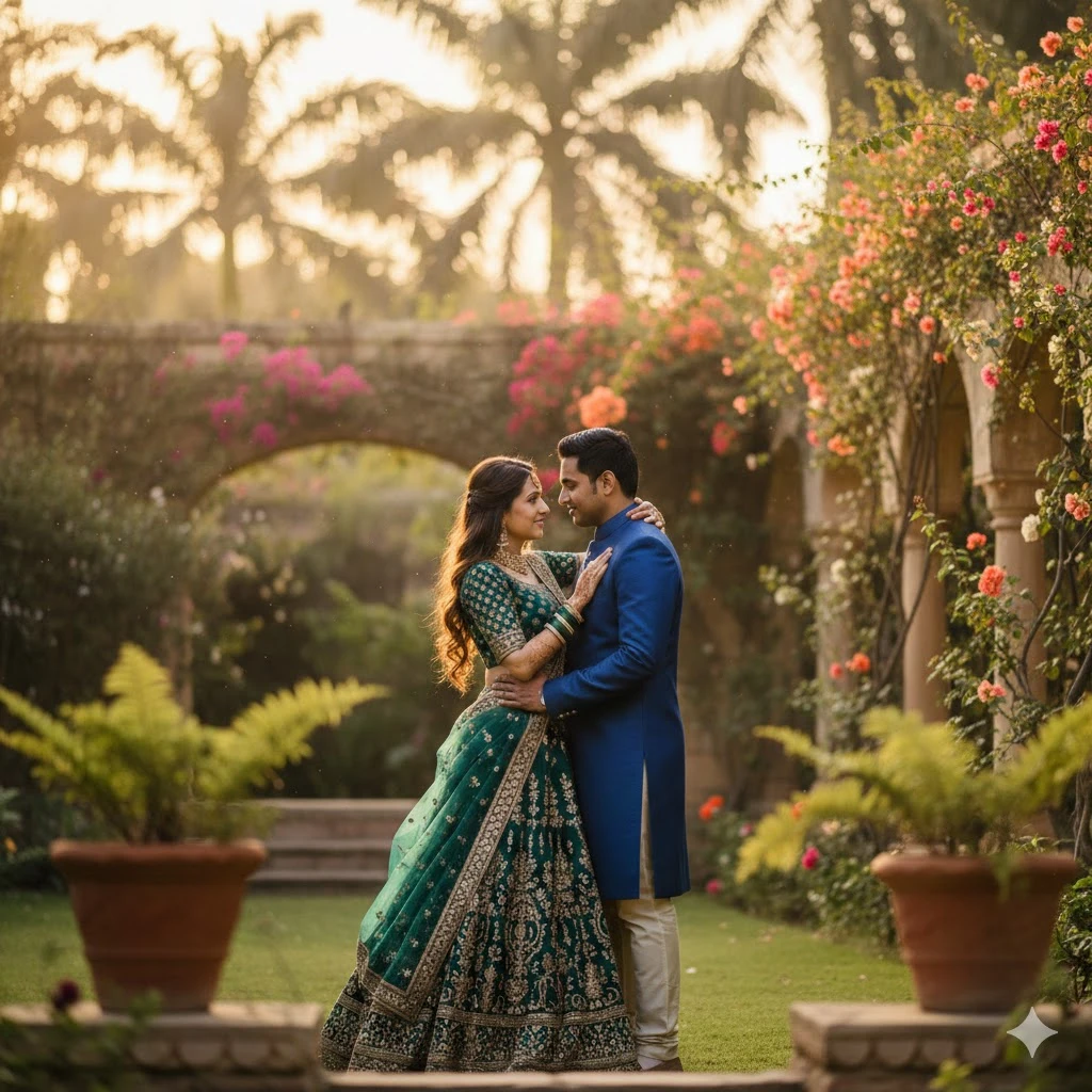 Create a high-resolution portrait of a couple standing in a lush Indian garden during golden hour, wearing elegant attire. Focus on soft, warm lighting and intimate expressions. Shot with an 85mm lens at f/1.8, cinematic depth of field.