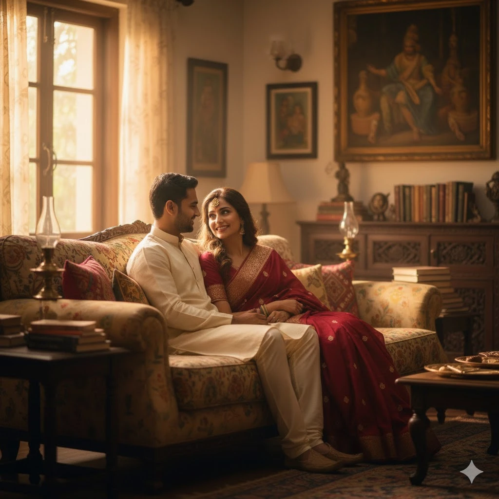 Create a warm indoor couple portrait in a cozy Indian living room, with soft ambient light, natural expressions, and comfortable clothing. Shallow depth of field, high-fidelity details.