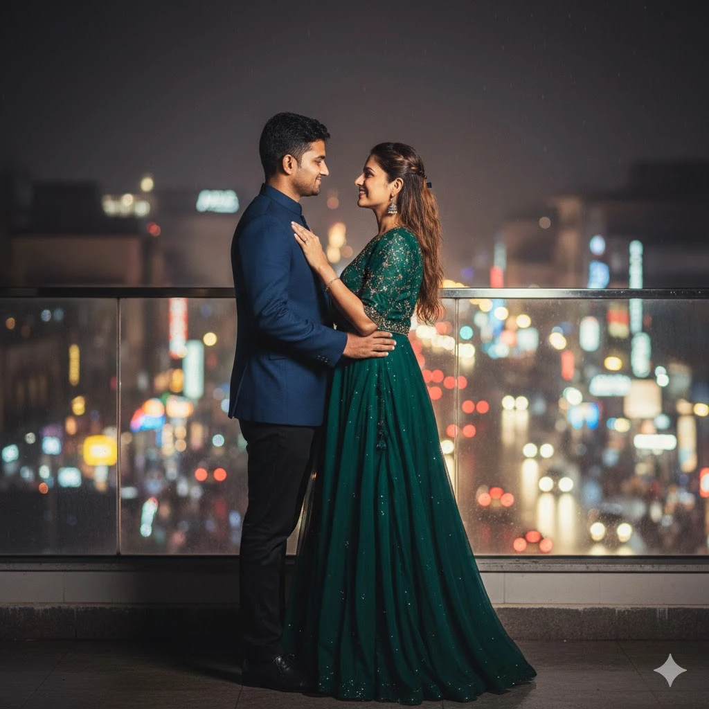 Create a high-resolution portrait of a couple standing in front of Indian city night lights, dressed elegantly, with shimmering bokeh in the background. Editorial style, vibrant yet sophisticated.